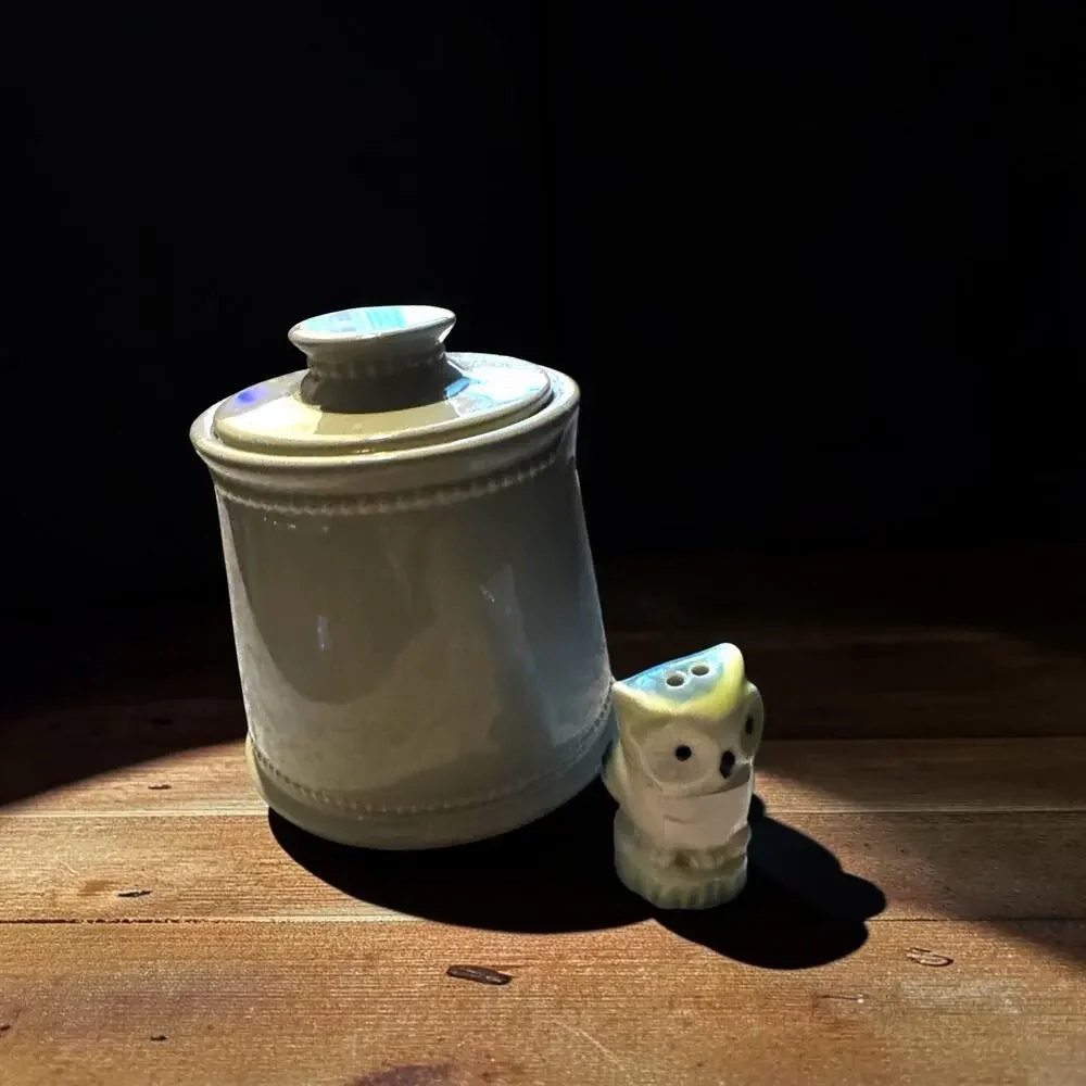 Vintage Sage Green Stoneware Kitchen Canister with Lid | Farmhouse Ceramic